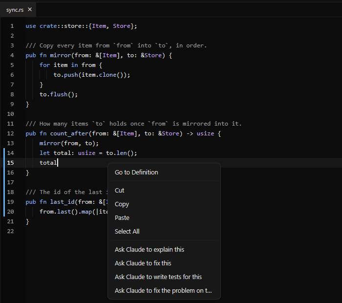 The editor's right-click menu: Go to Definition, Cut, Copy, Paste, Select All, then Ask Claude to explain this, fix this, write tests for this, and fix the problem on the line