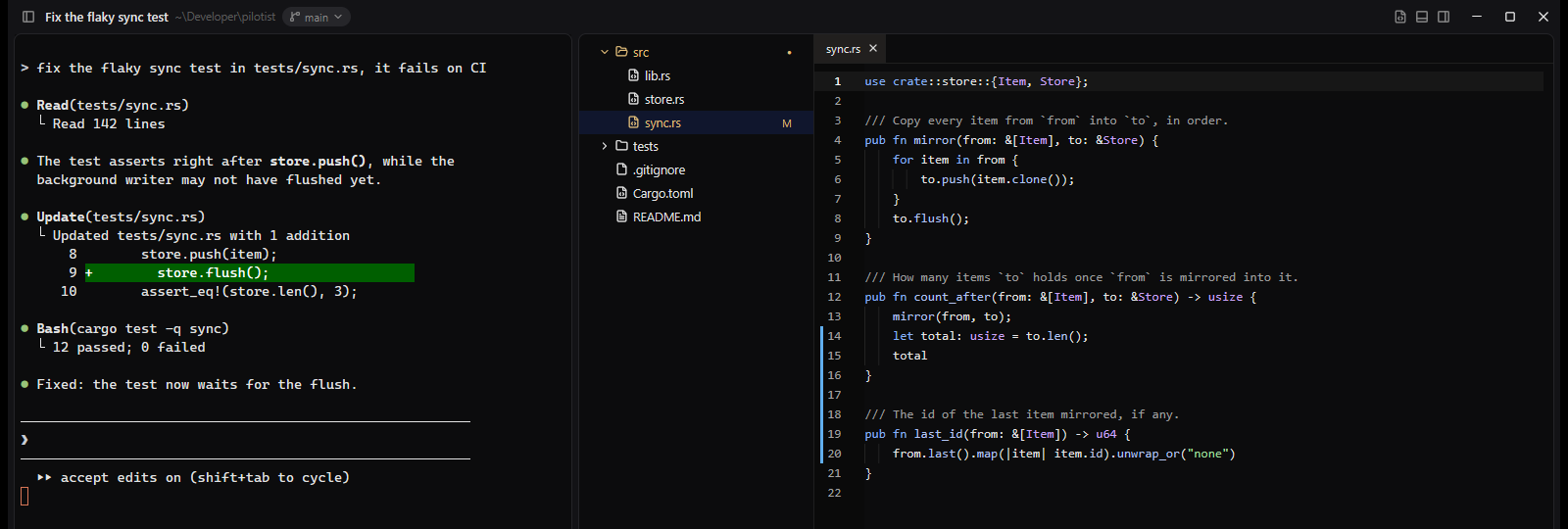 Claudiu in editor mode: Claude Code's terminal on the left, the session's file tree in the middle with sync.rs marked as changed, and sync.rs open on the right with highlighting and Git change marks in the gutter