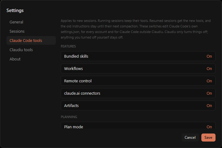 Claudiu's settings dialog on the Claude Code tools page, listing switches for bundled skills, workflows, remote control, claude.ai connectors, artifacts and plan mode